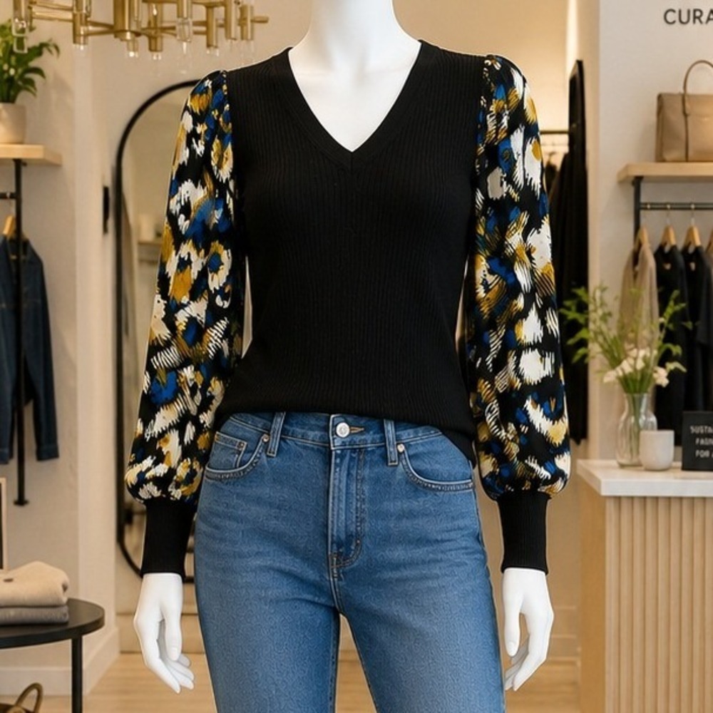 DKNY Women Sweater Abstract Animal Print Puff Sleeve Black XS